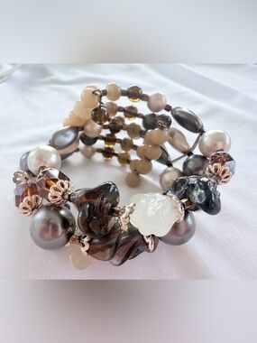 1940s Glamour Girl Brown and Faux Pearl Multi-Strand Wrap Bracelet 7.5”